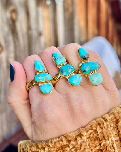 Triple Stone Faceted Turquoise & Gold Alchemia Adjustable Ring