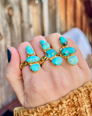 Triple Stone Faceted Turquoise & Gold Alchemia Adjustable Ring W19