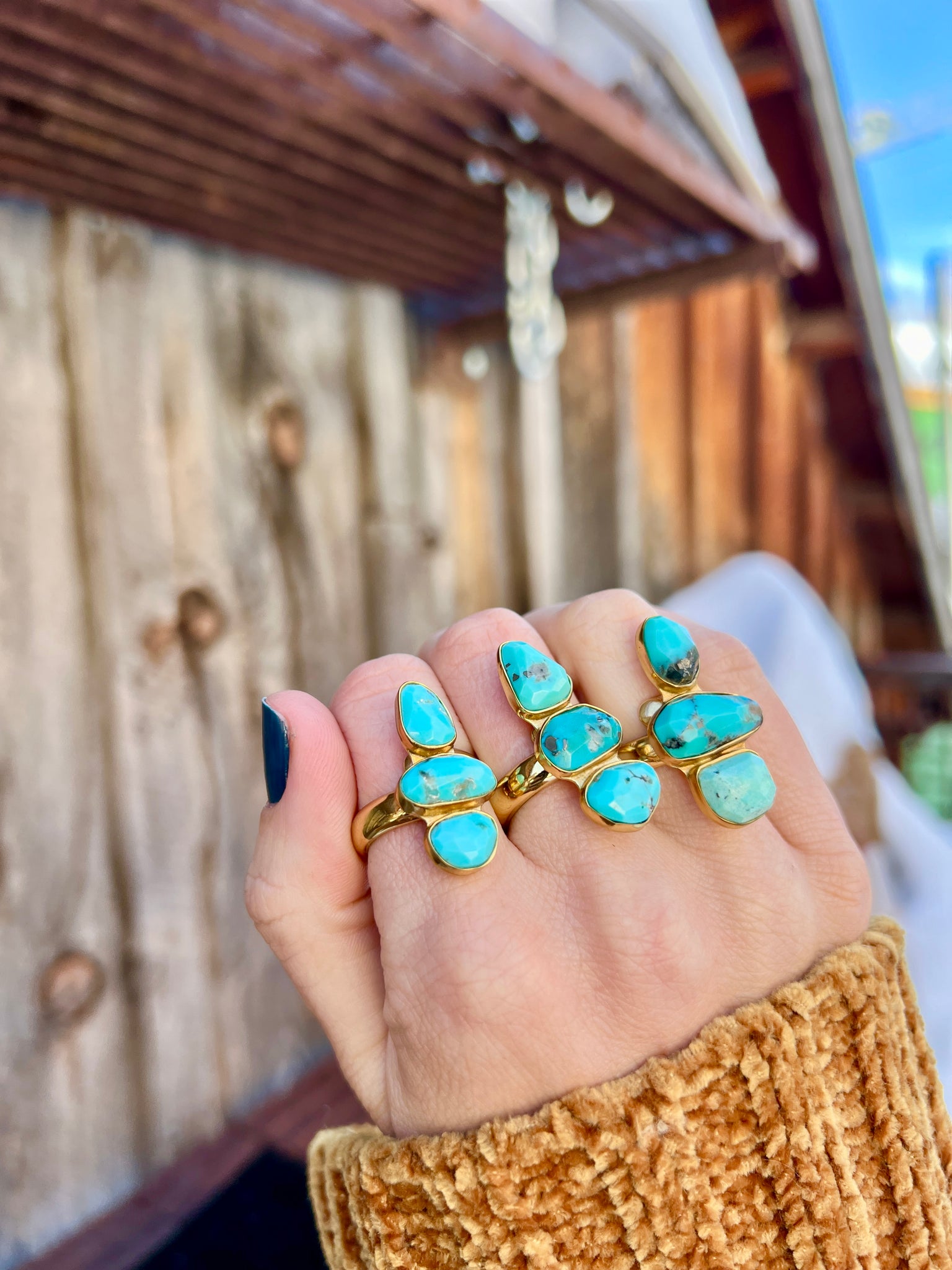 Triple Stone Faceted Turquoise & Gold Alchemia Adjustable Ring W20