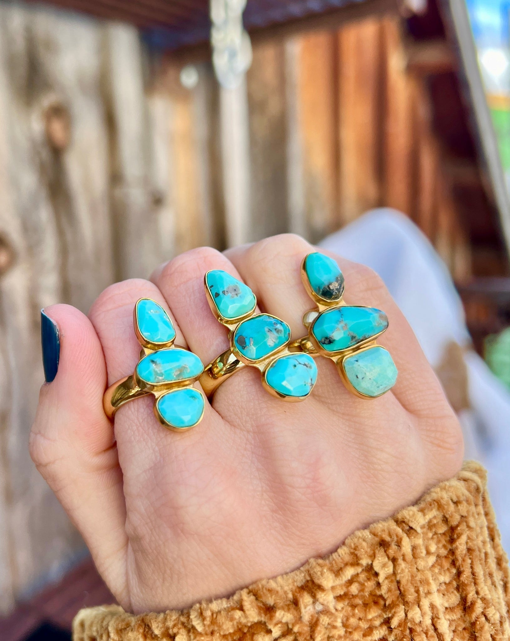 Triple Stone Faceted Turquoise & Gold Alchemia Adjustable Ring W21