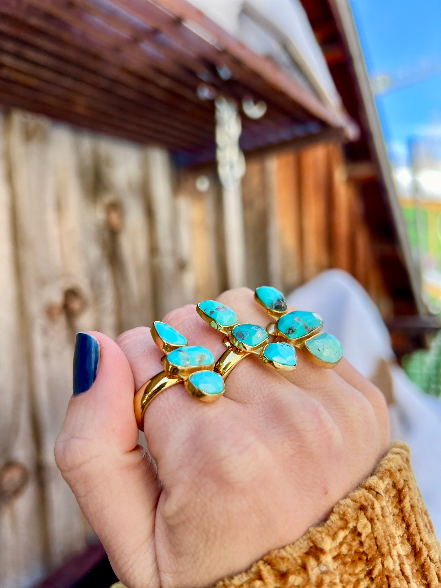 Triple Stone Faceted Turquoise & Gold Alchemia Adjustable Ring W19