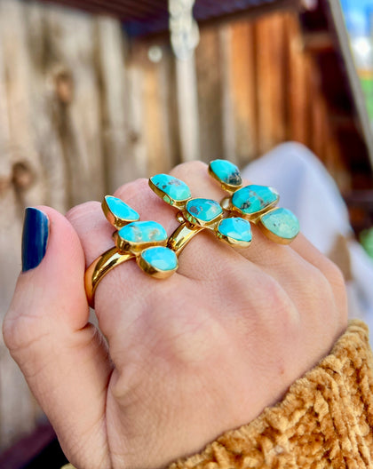 Triple Stone Faceted Turquoise & Gold Alchemia Adjustable Ring