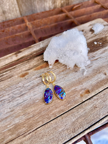 Purple Mojave Turquoise & Gold Alchemia with Gold Fill Huggie Earrings