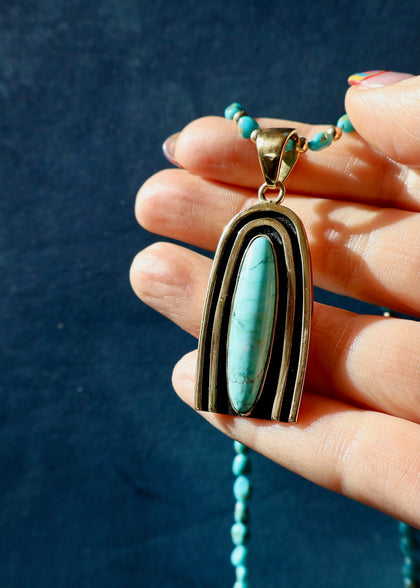 Rainbow Connection Pendant with Turquoise in Gold Alchemia on Beaded Necklace