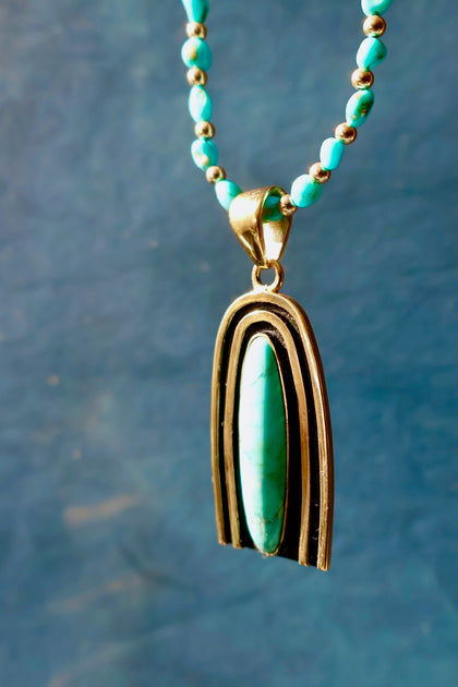 Rainbow Connection Pendant with Turquoise in Gold Alchemia on Beaded Necklace