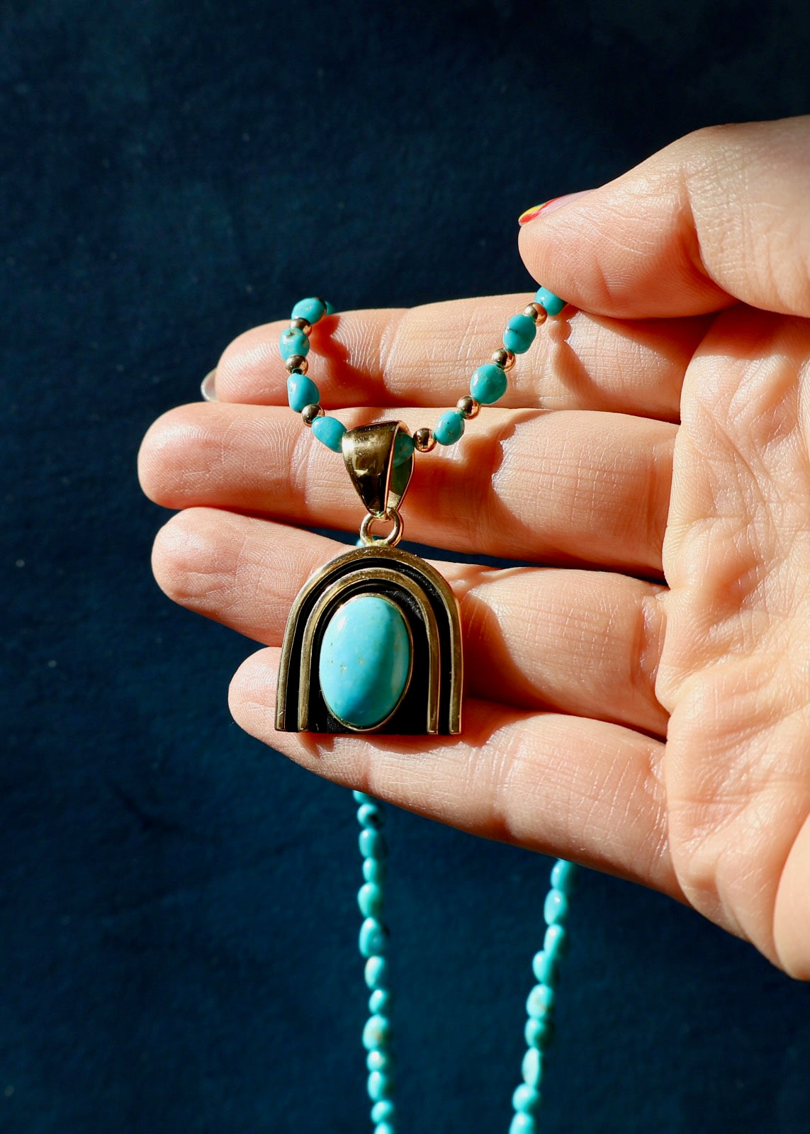 Rainbow Connection Pendant with Turquoise in Gold Alchemia on Beaded Necklace RC2
