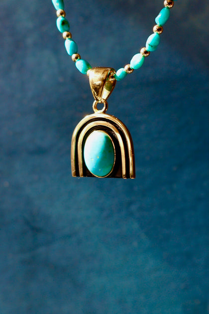 Rainbow Connection Pendant with Turquoise in Gold Alchemia on Beaded Necklace