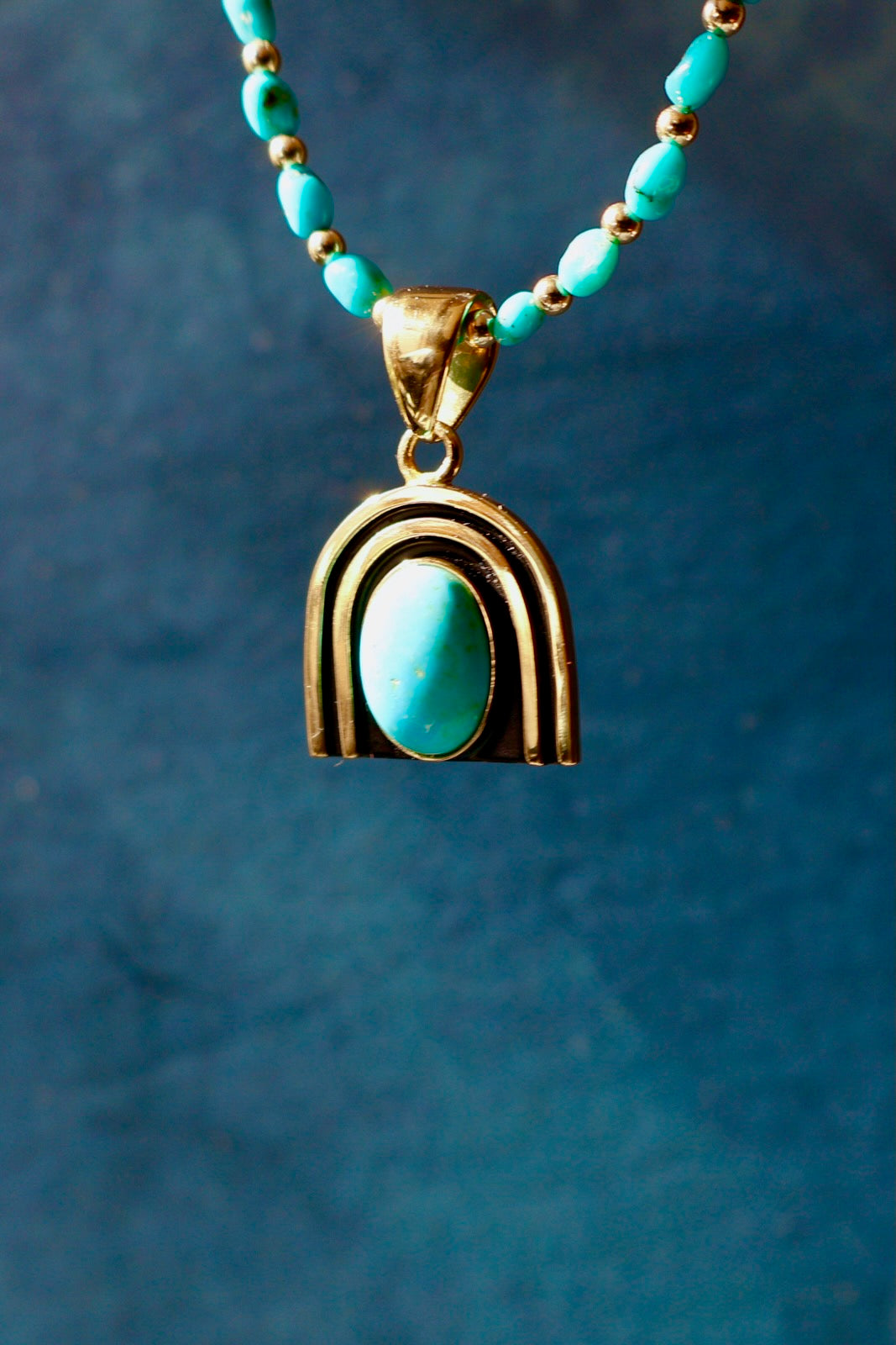 Rainbow Connection Pendant with Turquoise in Gold Alchemia on Beaded Necklace RC2