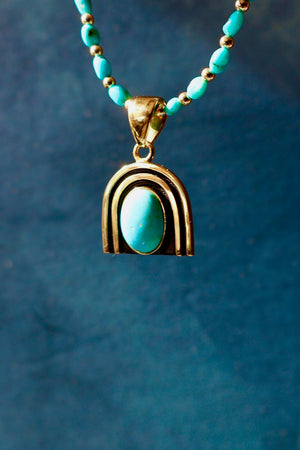 Rainbow Connection Pendant with Turquoise in Gold Alchemia on Beaded Necklace RC2