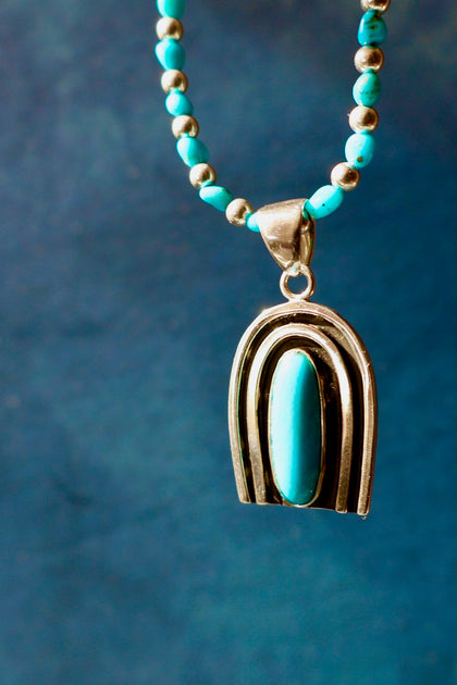 Rainbow Connection Pendant with Turquoise in Sterling Silver on Beaded Necklace