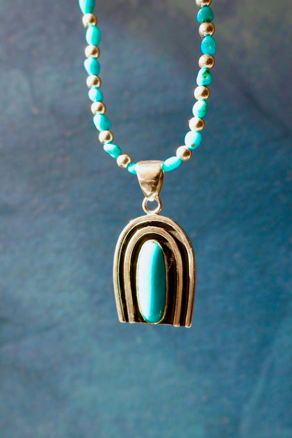 Rainbow Connection Pendant with Turquoise in Sterling Silver on Beaded Necklace