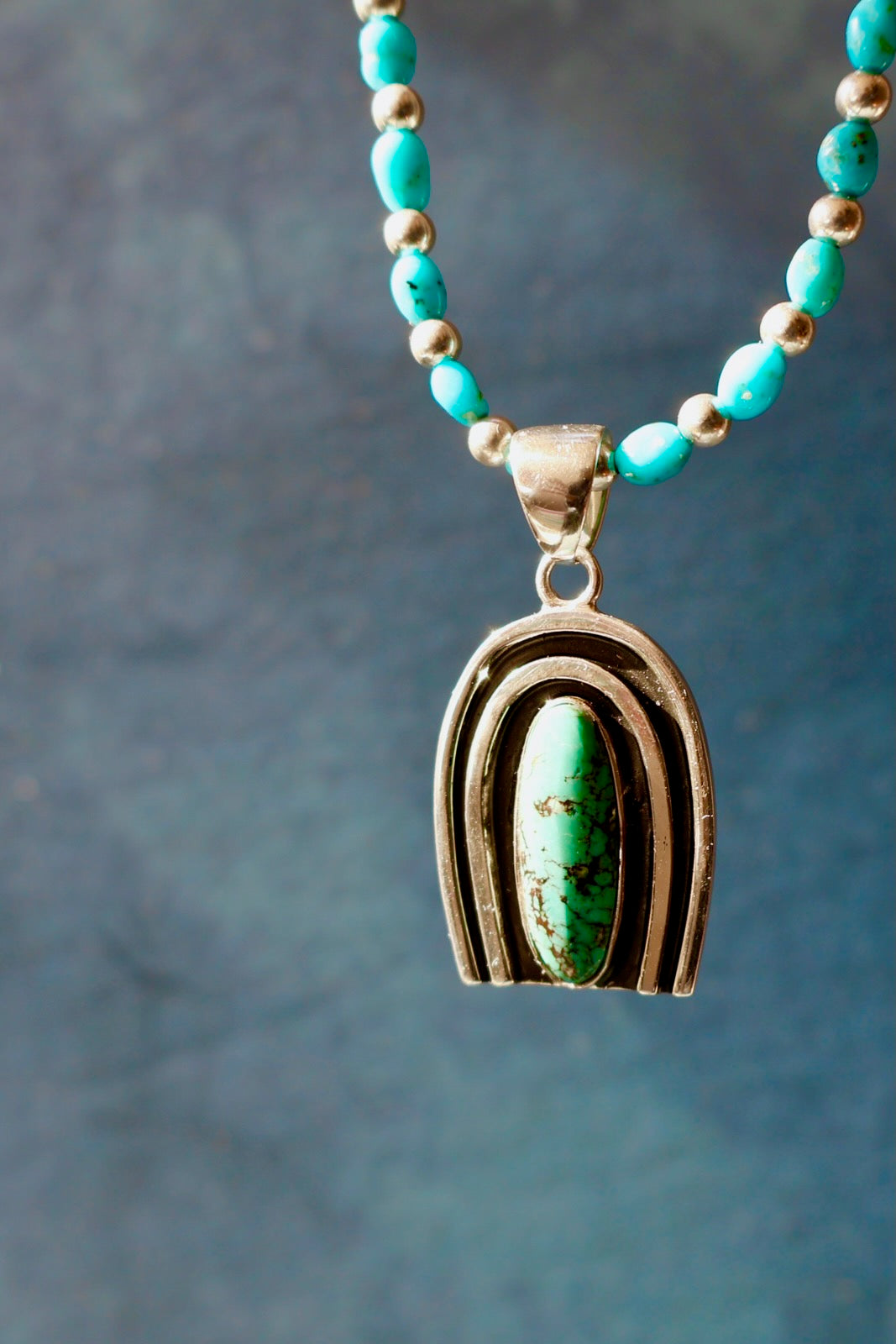 Rainbow Connection Pendant with Turquoise in Sterling Silver on Beaded Necklace RC4