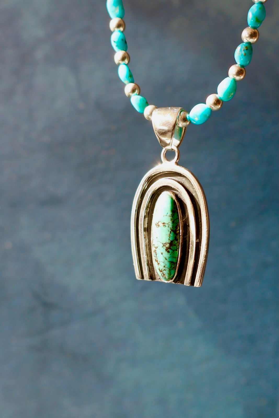Rainbow Connection Pendant with Turquoise in Sterling Silver on Beaded Necklace RC4