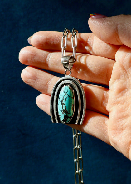 Rainbow Connection Pendant with Turquoise in Sterling Silver on Paperclip Chain