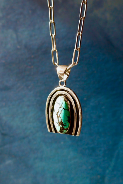 Rainbow Connection Pendant with Turquoise in Sterling Silver on Paperclip Chain