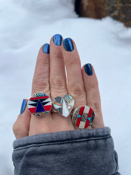 Taos Turquoise, Mother of Pearl & Abalone Inlay Design Ring in Sterling Silver Adjustable