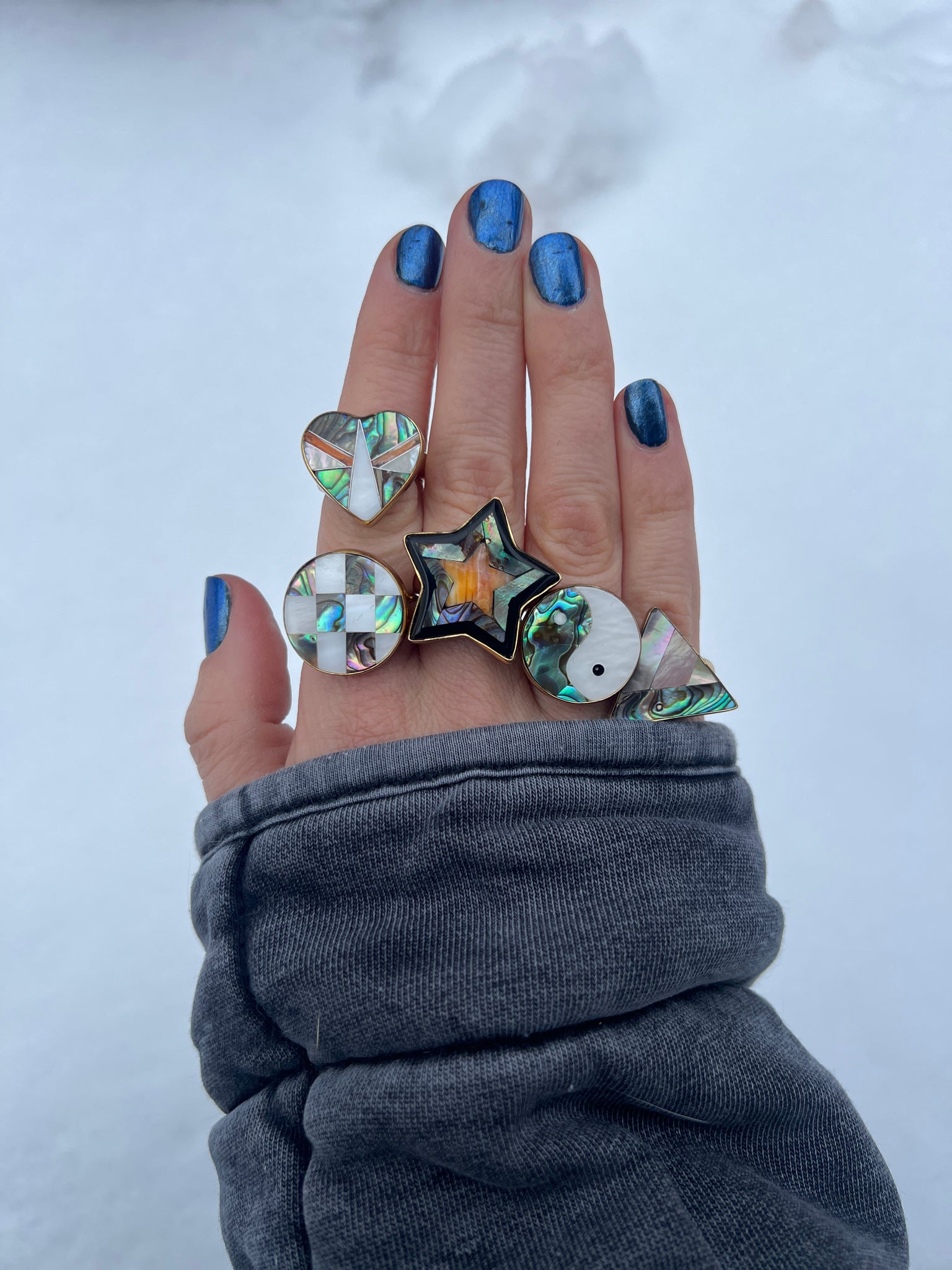 Taos Triangle Coral, Mother of Pearl & Abalone Inlay Design Ring in Gold Alchemia Adjustable T003