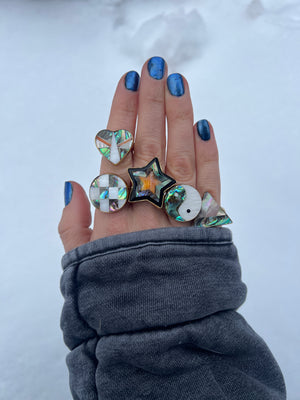 Taos Triangle Coral, Mother of Pearl & Abalone Inlay Design Ring in Gold Alchemia Adjustable T003