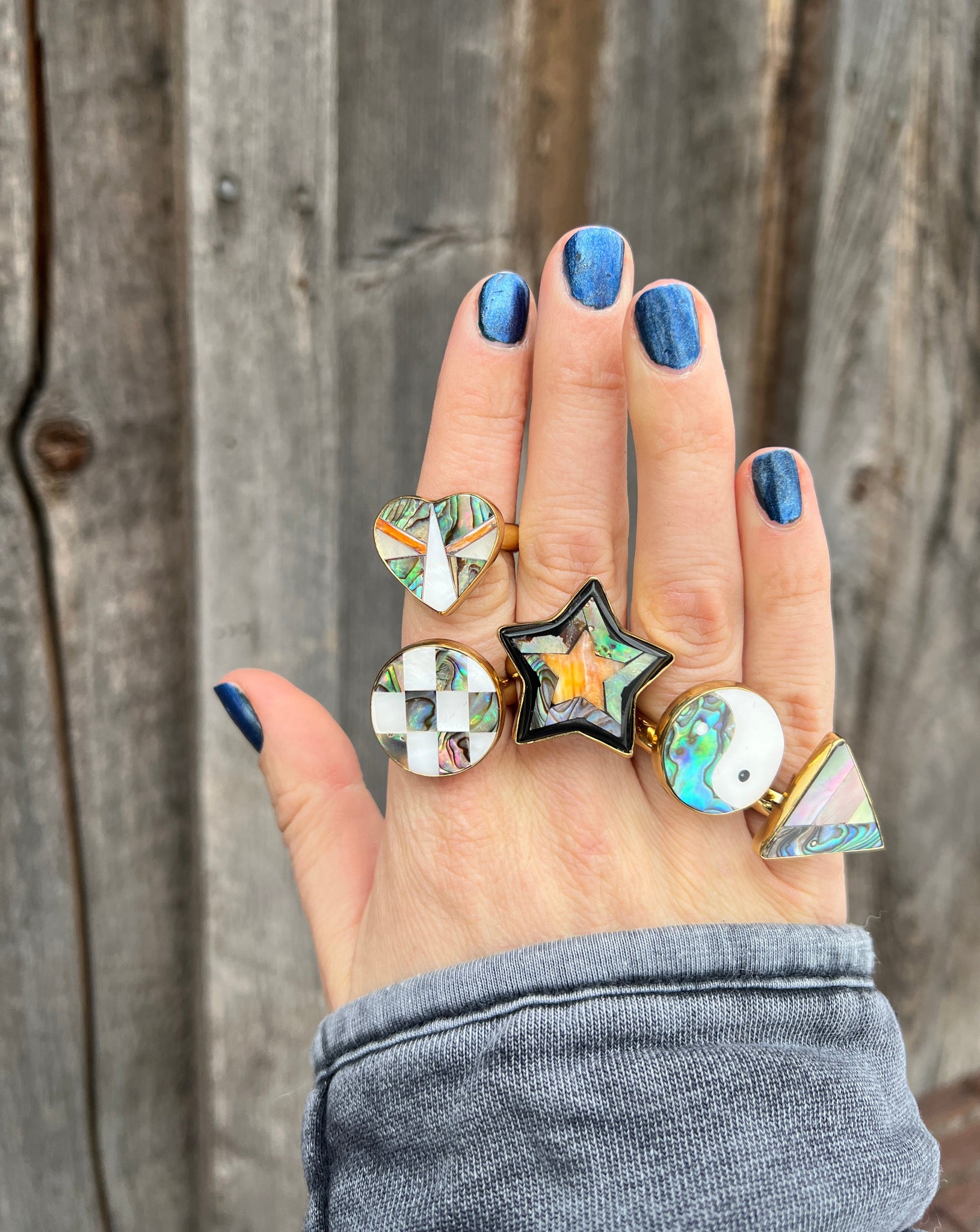 Star Shaped Coral, Mother of Pearl & Abalone Inlay Design Ring in Gold Alchemia Adjustable T002