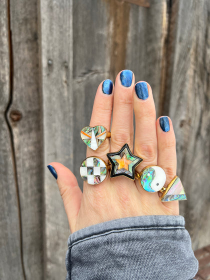 Taos Triangle Coral, Mother of Pearl & Abalone Inlay Design Ring in Gold Alchemia Adjustable