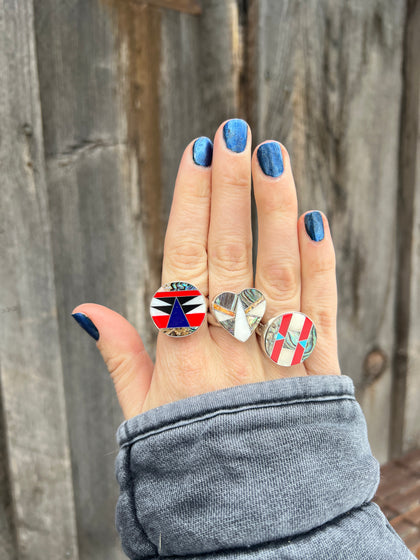 Taos Heart Shaped Coral, Mother of Pearl & Abalone Inlay Design Ring in Sterling Silver Adjustable