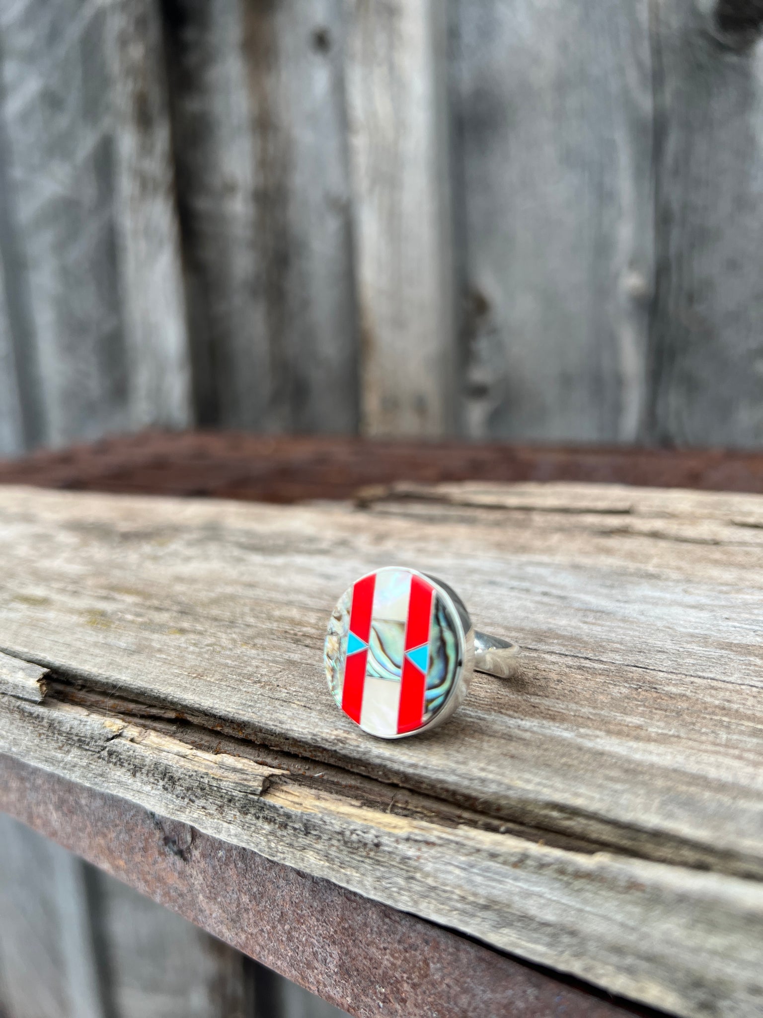 Taos Turquoise, Mother of Pearl & Abalone Inlay Design Ring in Sterling Silver Adjustable T006