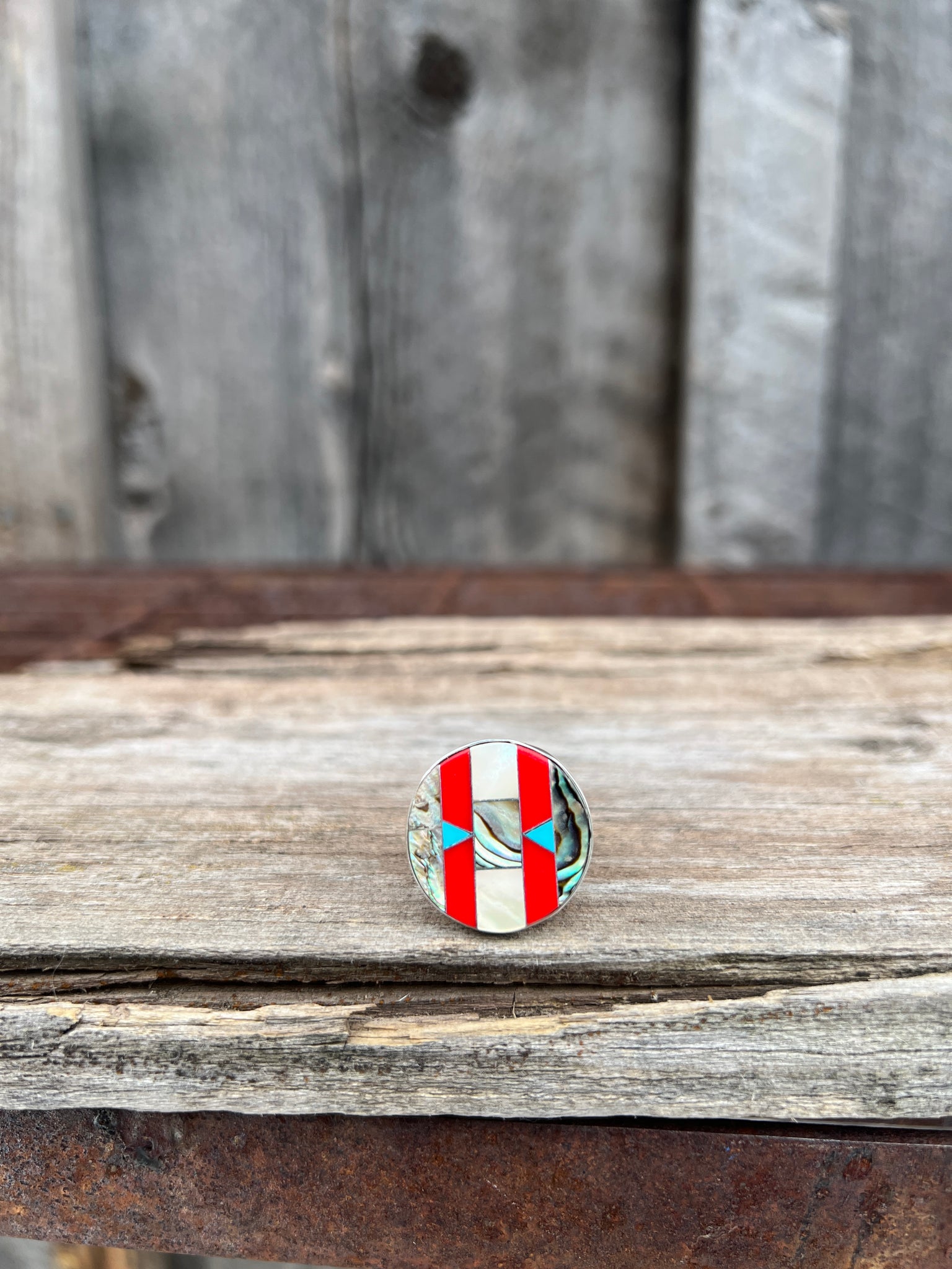 Taos Turquoise, Mother of Pearl & Abalone Inlay Design Ring in Sterling Silver Adjustable T006