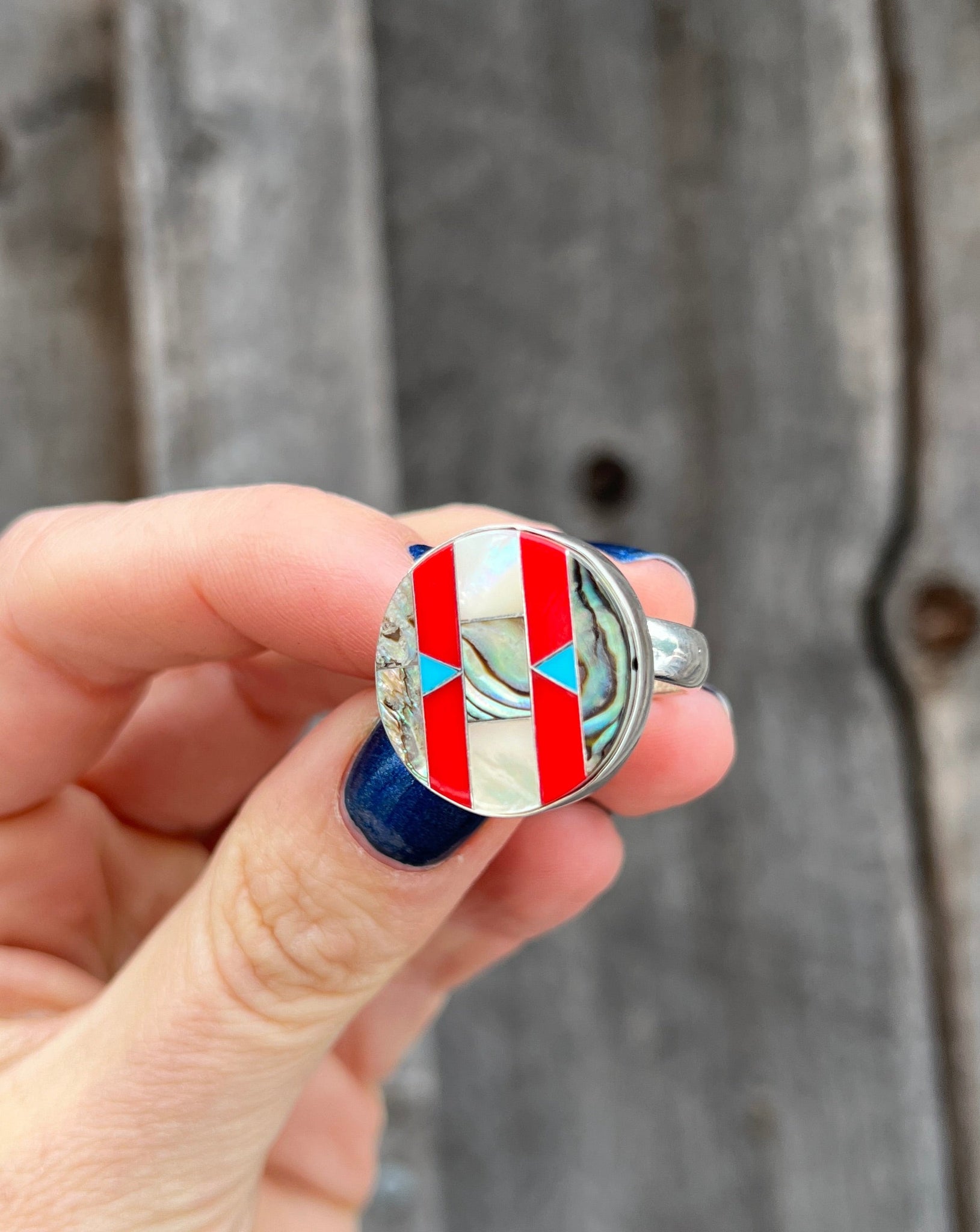 Taos Turquoise, Mother of Pearl & Abalone Inlay Design Ring in Sterling Silver Adjustable T006