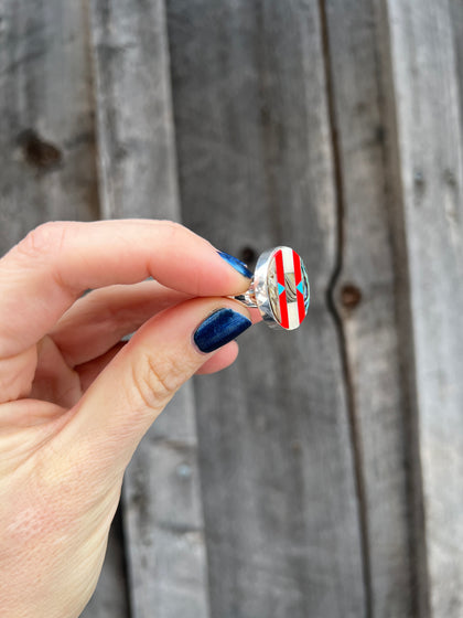 Taos Turquoise, Mother of Pearl & Abalone Inlay Design Ring in Sterling Silver Adjustable