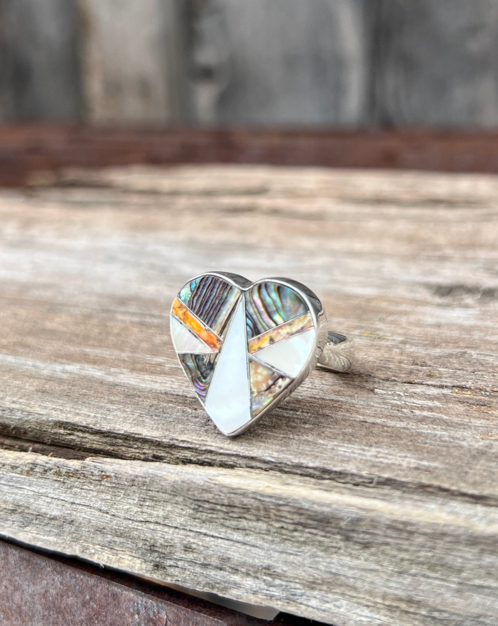 Heart Shaped Coral, Mother of Pearl & Abalone Inlay Design Ring in Sterling Silver Adjustable  T005