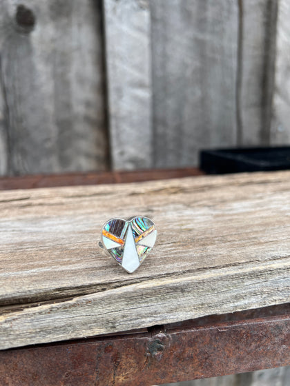 Taos Heart Shaped Coral, Mother of Pearl & Abalone Inlay Design Ring in Sterling Silver Adjustable