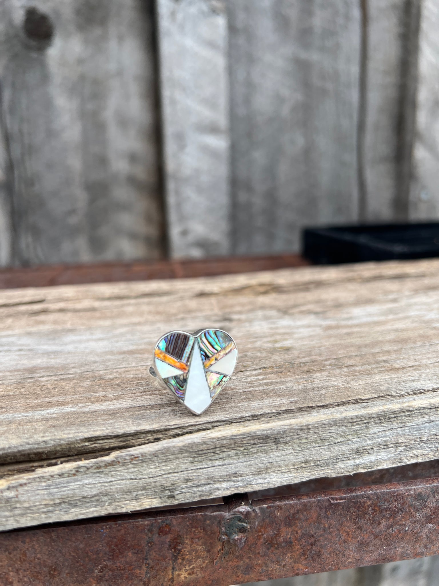 Taos Heart Shaped Coral, Mother of Pearl & Abalone Inlay Design Ring in Sterling Silver Adjustable  T005