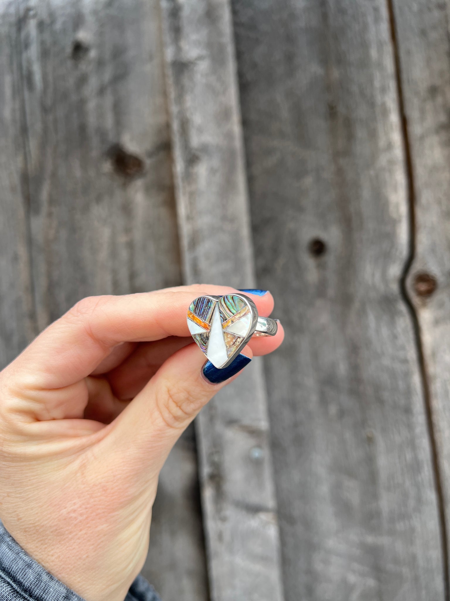 Taos Heart Shaped Coral, Mother of Pearl & Abalone Inlay Design Ring in Sterling Silver Adjustable  T005