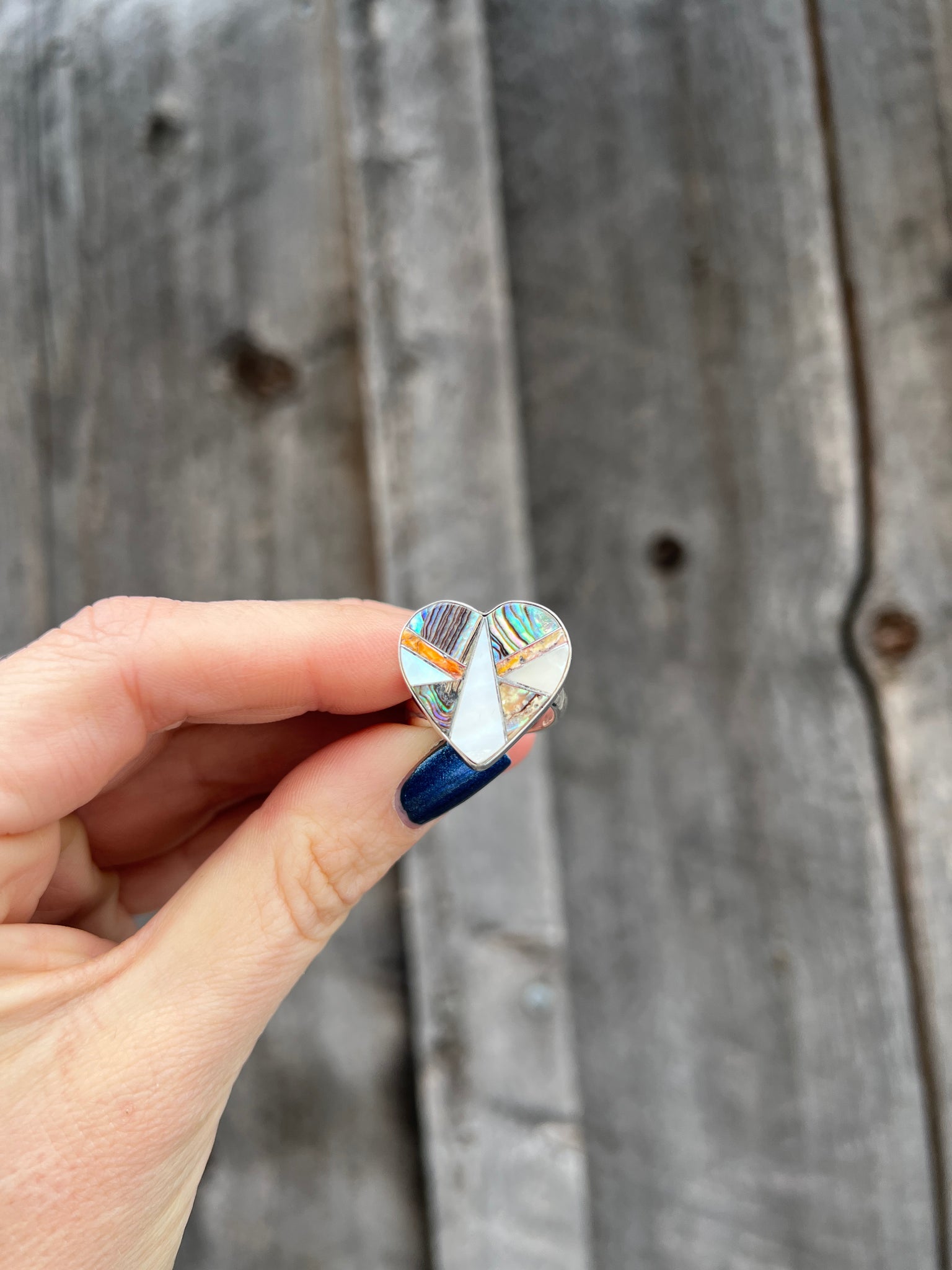 Taos Heart Shaped Coral, Mother of Pearl & Abalone Inlay Design Ring in Sterling Silver Adjustable  T005