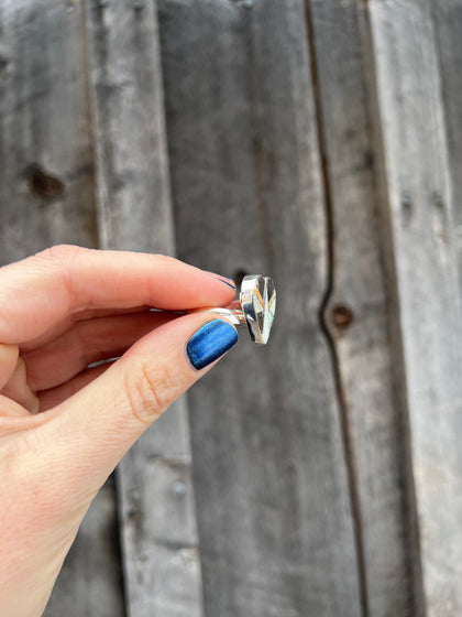 Taos Heart Shaped Coral, Mother of Pearl & Abalone Inlay Design Ring in Sterling Silver Adjustable