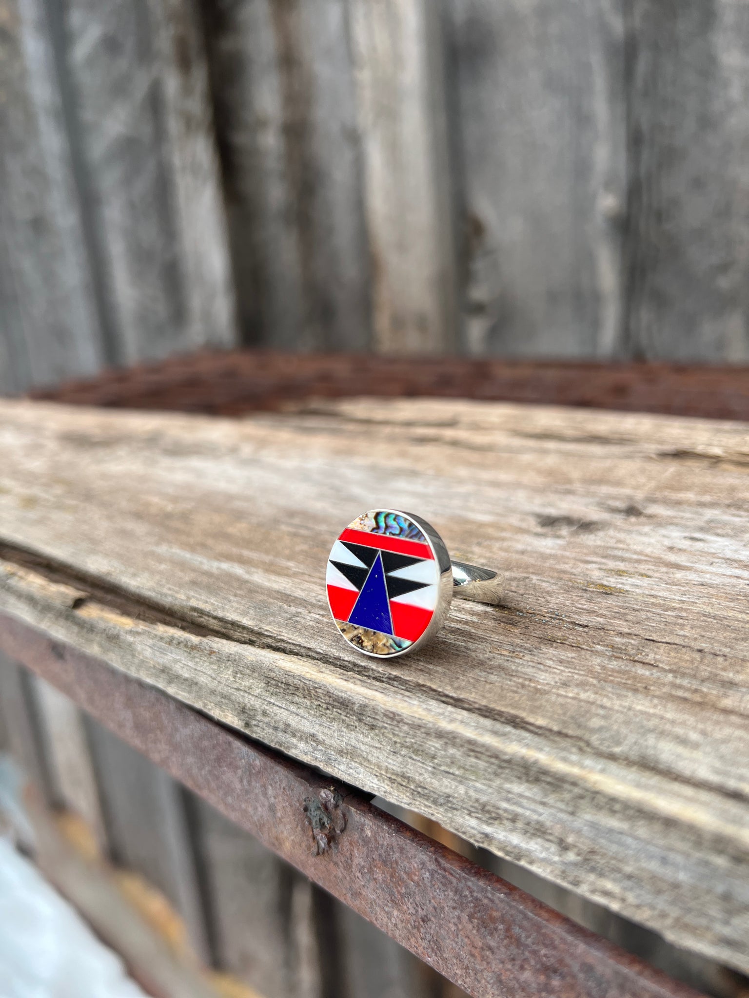 Taos Lapis, Mother of Pearl & Abalone Inlay Design Ring in Sterling Silver Adjustable T007