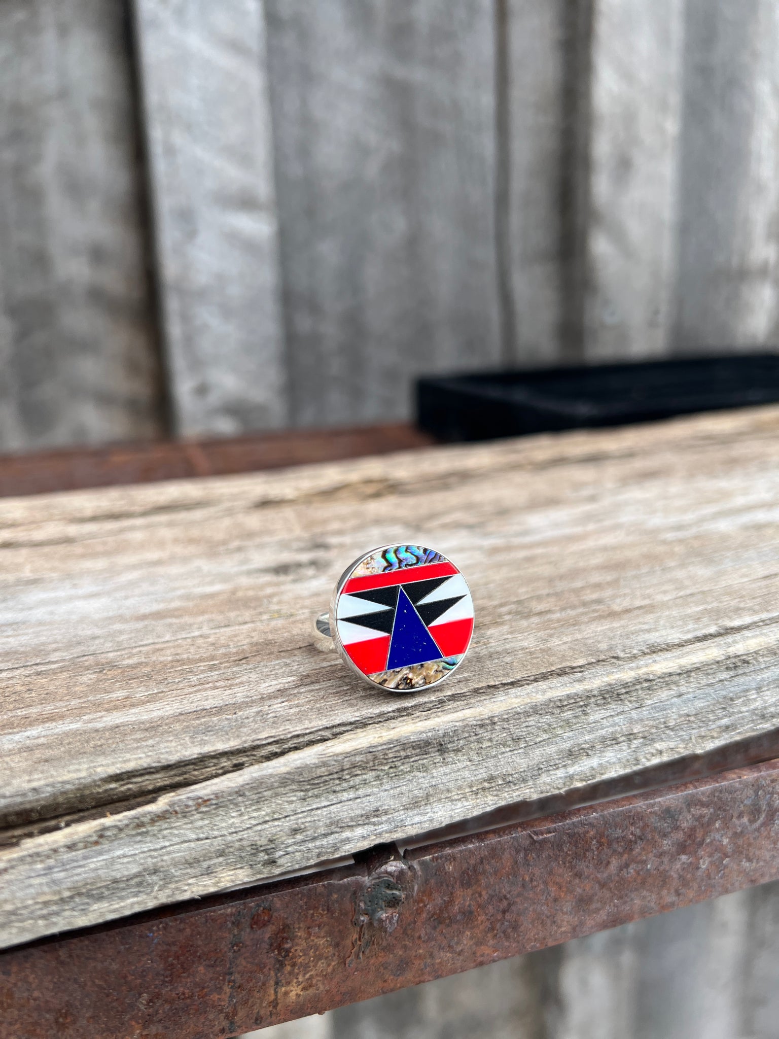 Taos Lapis, Mother of Pearl & Abalone Inlay Design Ring in Sterling Silver Adjustable T007