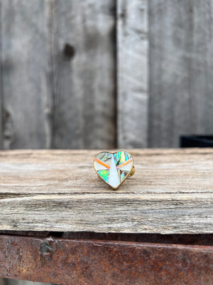 Heart Shaped Coral, Mother of Pearl & Abalone Inlay Design Ring in Gold Alchemia Adjustable T001