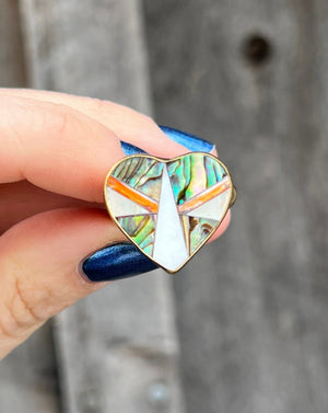 Heart Shaped Coral, Mother of Pearl & Abalone Inlay Design Ring in Gold Alchemia Adjustable T001