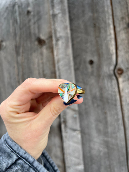 Taos Heart Shaped Coral, Mother of Pearl & Abalone Inlay Design Ring in Gold Alchemia Adjustable