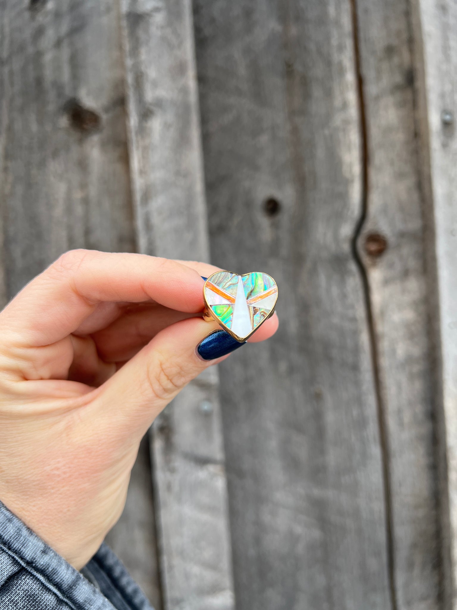 Taos Heart Shaped Coral, Mother of Pearl & Abalone Inlay Design Ring in Gold Alchemia Adjustable T001