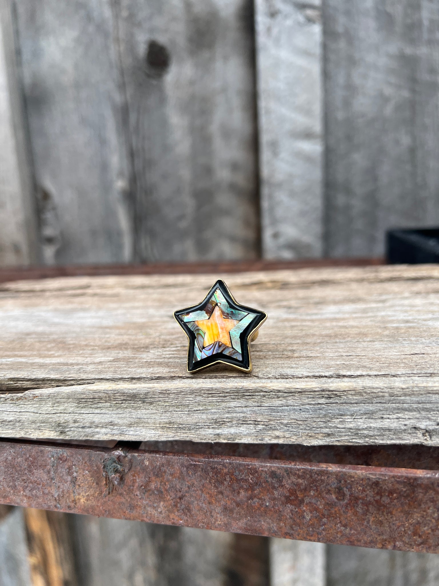 Star Shaped Coral, Mother of Pearl & Abalone Inlay Design Ring in Gold Alchemia Adjustable T002