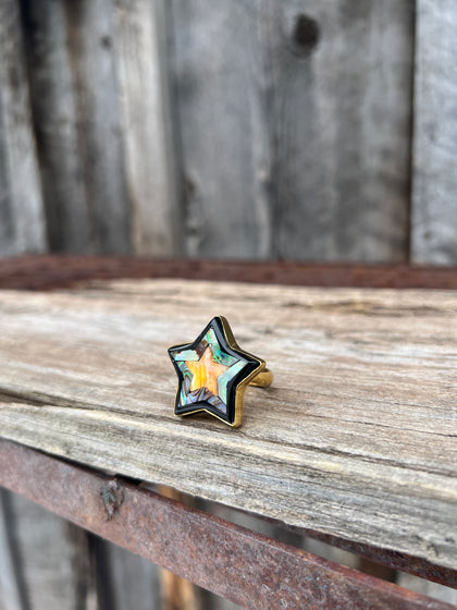 Taos Star Shaped Coral, Mother of Pearl & Abalone Inlay Design Ring in Gold Alchemia Adjustable