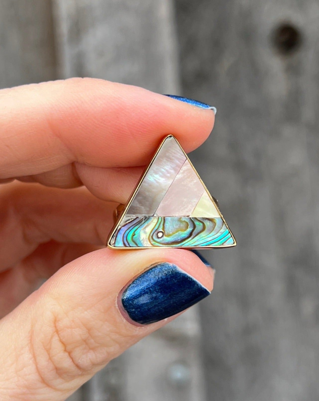 Taos Triangle Coral, Mother of Pearl & Abalone Inlay Design Ring in Gold Alchemia Adjustable T003