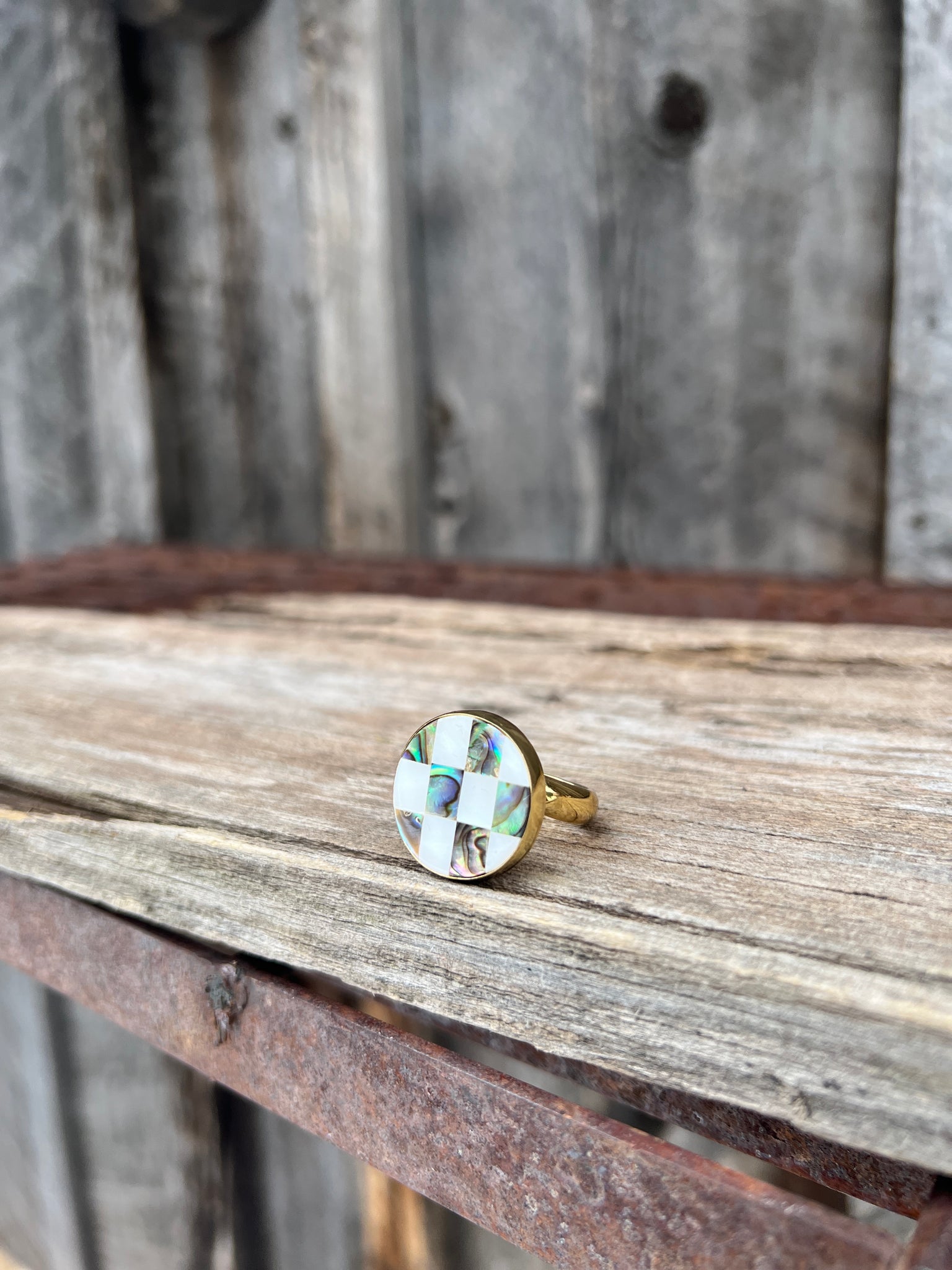 Checkerboard Mother of Pearl & Abalone Inlay Design Ring in Gold Alchemia Adjustable T004