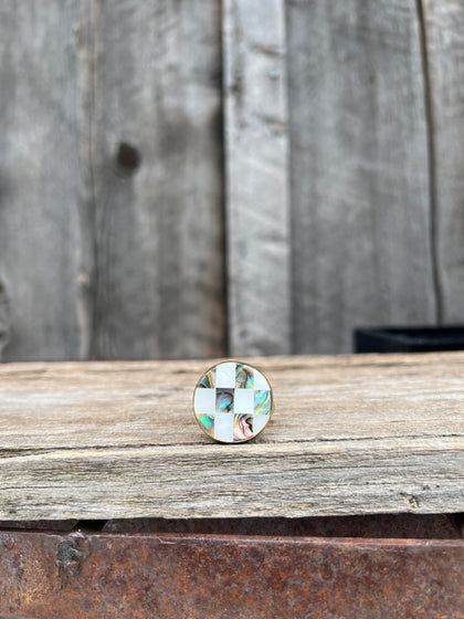 Checkerboard Mother of Pearl & Abalone Inlay Design Ring in Gold Alchemia Adjustable