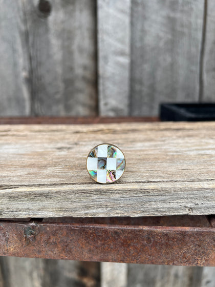 Checkerboard Mother of Pearl & Abalone Inlay Design Ring in Gold Alchemia Adjustable