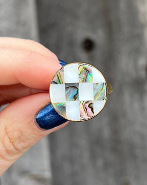 Checkerboard Mother of Pearl & Abalone Inlay Design Ring in Gold Alchemia Adjustable T004