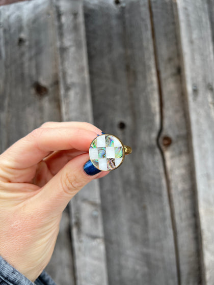 Checkerboard Mother of Pearl & Abalone Inlay Design Ring in Gold Alchemia Adjustable