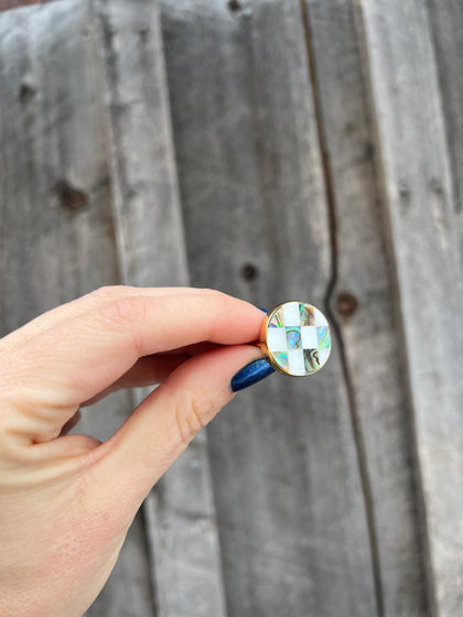 Checkerboard Mother of Pearl & Abalone Inlay Design Ring in Gold Alchemia Adjustable